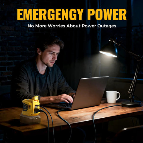 Man using laptop powered by DeWALT 20V Battery Compatible 200W Power Inverter for Camping and Outdoors Converts DC 20V to AC 110 120V.