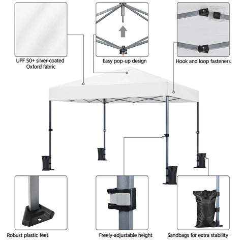 10x10 Pop Up Canopy No Fuss Easy Setup Tent For Backyard Parties And Outdoor Events With One Push To Lock Frame Portable Instant Shelter features detailed view of robust frame, adjustable height, and sandbag support.