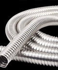 Heavy Duty Workhorse 304 Stainless Steel Corrugated Tube Flexible Metal Cable Conduit Wrap For Electrical Wiring And Plumbing Fixtures Tough As Nails Armor Sleeving One Meter Long Silver Finish coiled in a loop.