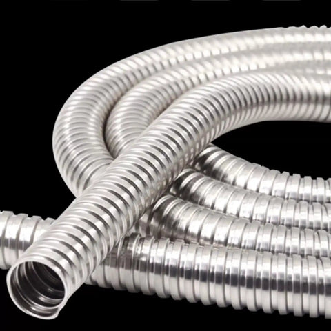 Heavy Duty Workhorse 304 Stainless Steel Corrugated Tube Flexible Metal Cable Conduit Wrap For Electrical Wiring And Plumbing Fixtures Tough As Nails Armor Sleeving One Meter Long Silver Finish coiled in a loop.