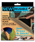 Packaging image of Non Slip Rug Grippers Kit With 12 Reusable Washable Pads For Hardwood And Carpet Floors That Stay Put, showing pad use.