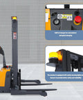 Powerful 3300 Lb Capacity Electric Pallet Stacker With Drive And Lift Features showing control panel and built-in charger.