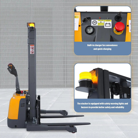 Powerful 3300 Lb Capacity Electric Pallet Stacker With Drive And Lift Features showing control panel and built-in charger.