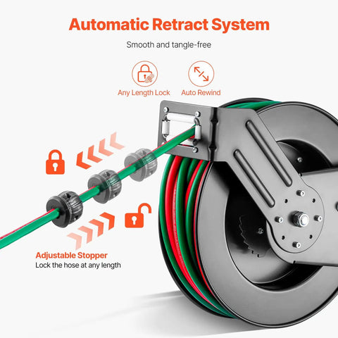 Auto-Rewind Welding Hose Reel For 1/4-Inch X 50-Foot Twin Oxygen Acetylene Rubber Hose Up To 300 PSI T Grade with stopper and rollers
