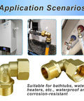 Solid Brass 90 Degree Elbow Connector One-Half Inch Male To One-Half Inch Female With Washer Swivel Fit For Water Lines No Leaks Easy Hand-Tight Seal Durable Well-Made Brass Fittings Built To Withstand Continuous Use, brass elbow for water heater lines