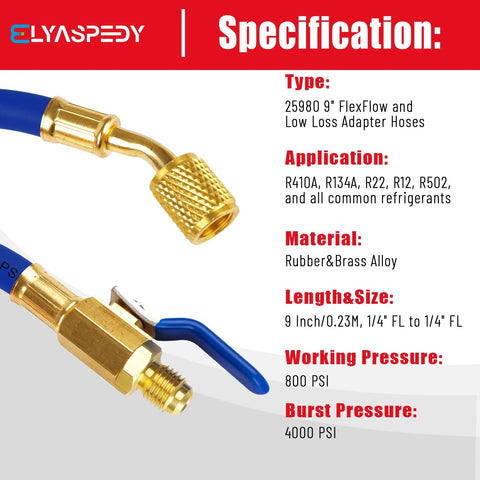 FlexFlow low-loss refrigerant adapter hoses, 9 inches, 1/4 inch ID, pack of 3 with brass fittings and blue lever