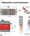 Diagram showing dimensions and connectors of Beefy 25Kg Digital Servo With 360 Degree Rotation, waterproof metal gear and CNC aluminum shell.