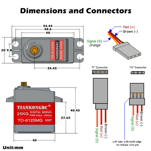 Diagram showing dimensions and connectors of Beefy 25Kg Digital Servo With 360 Degree Rotation, waterproof metal gear and CNC aluminum shell.