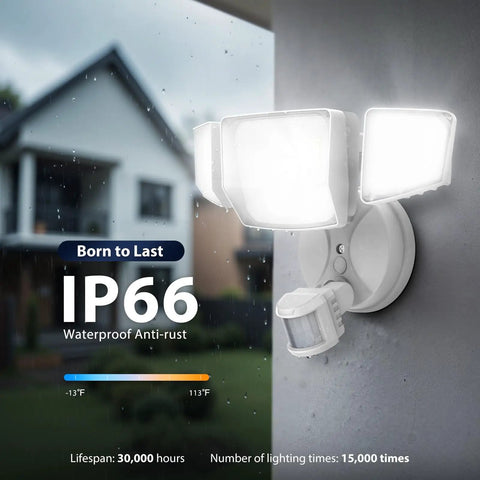 Straight Up Heavy Duty Four Head LED Motion Sensor Outdoor Flood Light With 10000 Lumen Super Bright Output Dusk To Dawn Hardwired Security Lighting For Your Yard And Driveway IP66 Waterproof Daylight White