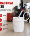 Heavy Duty Manual Push Oil Transfer Pump Works Like A Charm Moving Light Fluids To Thick Gear Oil in a workshop bucket setup.