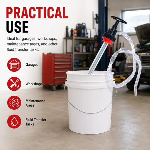 Heavy Duty Manual Push Oil Transfer Pump Works Like A Charm Moving Light Fluids To Thick Gear Oil in a workshop bucket setup.