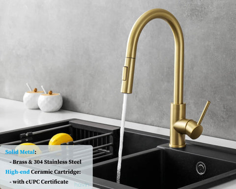 Brushed Gold High Arc Kitchen Faucet With Pull Down Sprayer No Deck Plate 15 Inch Tall Lead Free SUS304 Stainless Steel cUPC Cartridge NSF Certified Includes Spare Sprayer And Soap Dispenser Anti Rust Finish