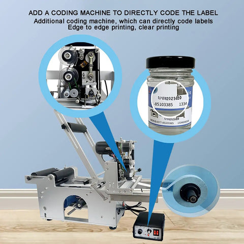 Bulletproof Workhorse Semi Automatic Round Bottle Labeling Machine With Onboard Code Printer And Date Stamper For Clear Wrap Labels, with coding machine detail.