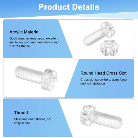 Hella Tough Clear Acrylic Screws And Hex Nuts Kit M6 X 15mm Cross Recessed Round Head Hand Tighten Bolts showing acrylic material and thread details.