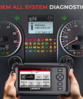 Hands holding CRP129HD Heavy Duty Truck Scanner with DPF Regen and Speed Limit Adjust Reset Full System Diesel Semi Truck Diagnostic Tool