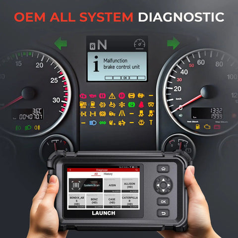 Hands holding CRP129HD Heavy Duty Truck Scanner with DPF Regen and Speed Limit Adjust Reset Full System Diesel Semi Truck Diagnostic Tool