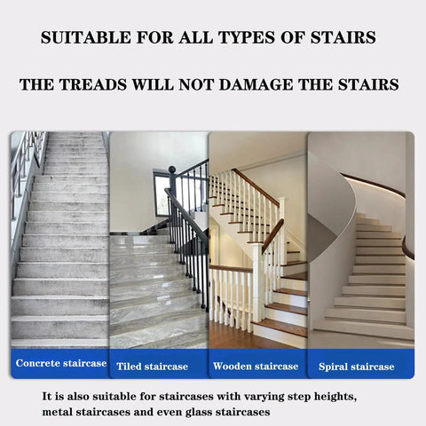 Image showing various staircase types: concrete, tiled, wooden, and spiral, highlighting suitability for Heavy Duty 400W 500W Electric Stair Climbing Dolly.