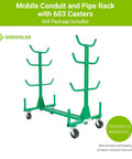 Heavy Duty Mobile Conduit And Pipe Rack Featuring Badass Seven Bin Jobsite Organizer With Hella Smooth Swivel Casters Fully Foldable Stackable Setup For Crews with green frame and 603 casters.