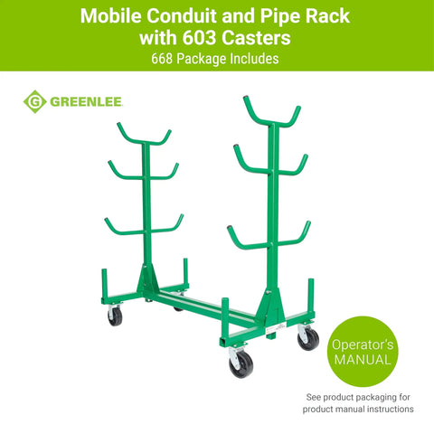 Heavy Duty Mobile Conduit And Pipe Rack Featuring Badass Seven Bin Jobsite Organizer With Hella Smooth Swivel Casters Fully Foldable Stackable Setup For Crews with green frame and 603 casters.