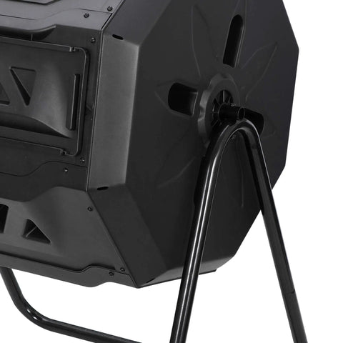 Side view of Outdoor Dual Chamber Tumbling Compost Bin With 43 Gallon Capacity, Rotating Bin Featuring Sliding Doors And Sturdy Steel Frame, BPA Free Outdoor Composting Bin For Garden, Yard, Patio, Or Lawn, Black