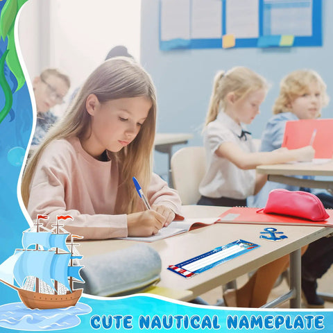 Student writing with 64 Piece Nautical Classroom Decor Bundle With Nameplates And Sailing Paper Cutouts Plus Glue Dot Sheets in classroom.