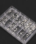240 piece set showing 12 size casing clamp and screw set for watch repair kit with assorted movements fixing adapters in tray
