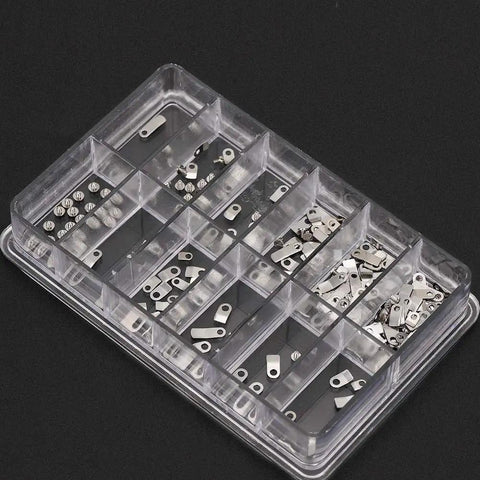 240 piece set showing 12 size casing clamp and screw set for watch repair kit with assorted movements fixing adapters in tray