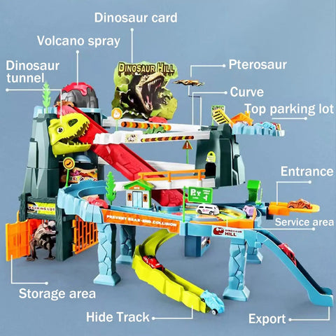 Awesome Toy Car Ramp Track With Dinosaur Spray Hills Adventure Railcar Slot Car Race Set includes tunnels and volcano.