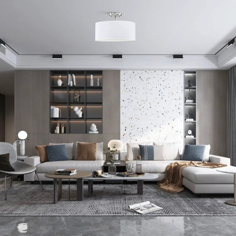 Fabric Drum Shade Semi Flush Mount Ceiling Light With PS Diffuser Off White Fabric Brushed Nickel Finish Modern Vibe