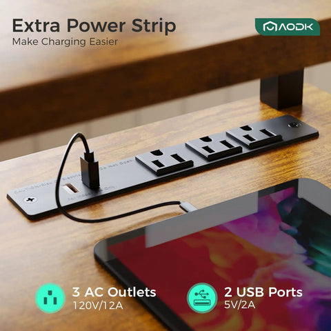 Extra power strip on electric standing desk with drawers and keyboard tray, 55 inch height adjustable gaming desk with power outlets