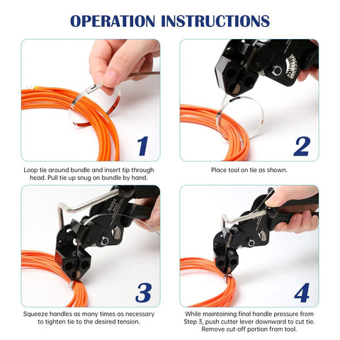 Operation steps for All Metal Zip Tie Gun With Cutter for Quick Cable Tie Tensioning One Handed Operation.