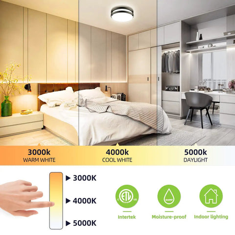 Room showing lighting variations with 10 Inch Flush Mount LED Ceiling Light Dimmable 2200 Lumen 24W 3000K 4000K 5000K Black