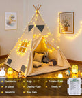 Children's play tent decorated with Two Pack Outdoor String Lights Battery Operated, 66 Ft Total, 200 LED Fairy Lights With Remote.
