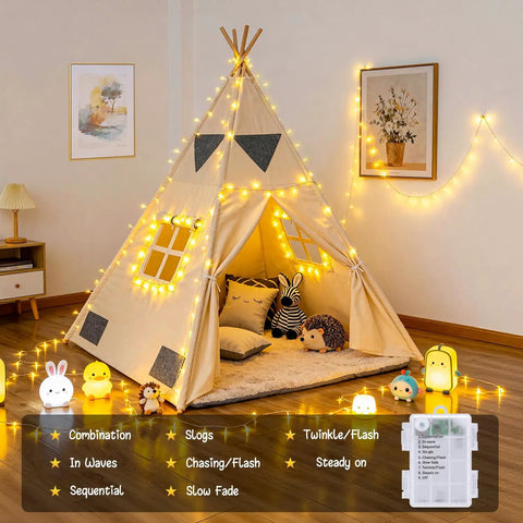 Children's play tent decorated with Two Pack Outdoor String Lights Battery Operated, 66 Ft Total, 200 LED Fairy Lights With Remote.