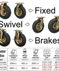 Trusted Beefy 8 And 10 Inch Swivel Caster Wheels 2 Pack Heavy Duty Pneumatic Rubber Casters view with dimensions and types labeled.