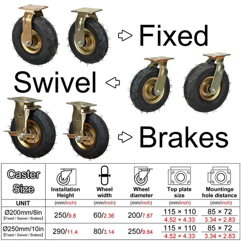Trusted Beefy 8 And 10 Inch Swivel Caster Wheels 2 Pack Heavy Duty Pneumatic Rubber Casters view with dimensions and types labeled.