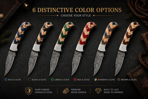 Handmade Damascus Pocket Folding Knife With Olive Wood Handle For EDC And Camping Tough As Nails 150 Layer Blade Colors