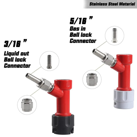 Two Pair Hose Swivel Nut Barb Fittings With Three Sixteenths And Five Sixteenths Inch Barbs Stainless Steel One Quarter Inch MFL Quick Disconnects For Home Brewing Keg Systems Liquid And Gas Quick Disconnects showing 3/16 liquid out and 5/16 gas in ball lock connectors