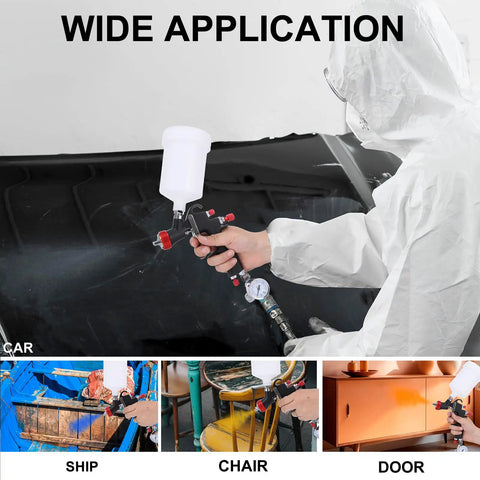Top Tier LVLP Air Spray Gun Kit With Four Quick Swap Tips And A Roomy Six Hundred Milliliter Cup in use for diverse applications.