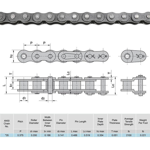 35 Chain For Mini Bike With Chain Breaker 140 Links Fits Coleman CT100U CC100X technical diagram with dimensions