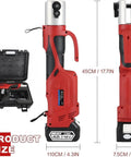 Heavy Duty Cordless Hydraulic Pipe Press Tool With 360 Degree Rotating Jaw Max Pressure For Crimping Stainless Steel And Copper Pipes Portable Electric Crimper shown in red, side view with dimensions.