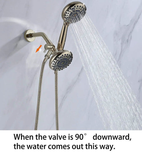Polished gold High Pressure Dual Shower Head With Handheld, 6x6 Spray Modes Shower Head Combo showing water flow angle