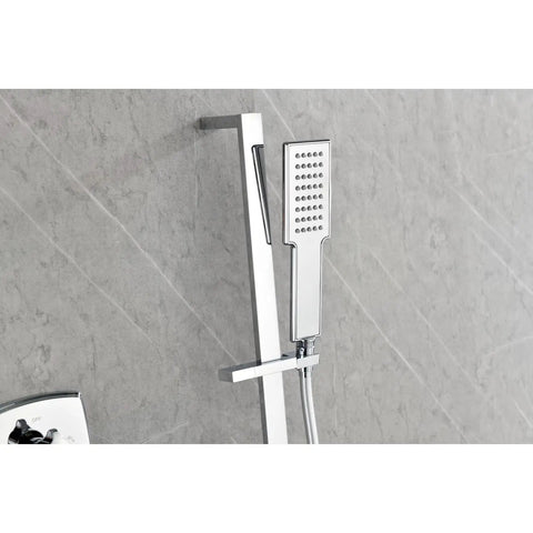 Wall Mounted Waterfall Rain Shower System with 3 Body Sprays & Handheld, chrome handheld showerhead against gray wall.