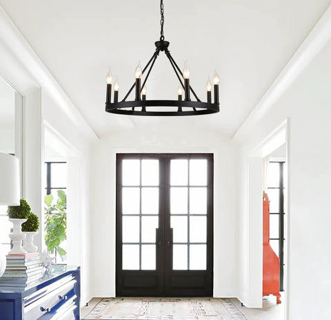 Wagon Wheel Chandelier 8 Light Industrial Black Rustic Farmhouse Ceiling Light With Adjustable Height Vintage Wagon Wheel Design