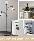 Collage showing 4 Pack White Frosted Glass Lamp Shades For Easy Light Swap used on floor lamp, ceiling fan, wall sconce, and pendant lights