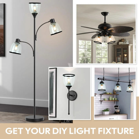 Collage showing 4 Pack White Frosted Glass Lamp Shades For Easy Light Swap used on floor lamp, ceiling fan, wall sconce, and pendant lights