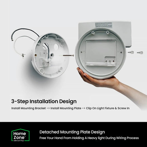 Installation process for Motion Sensor Flood Light 18W 1600 Lumens 5000K White IP65 Waterproof with detached mounting plate design.