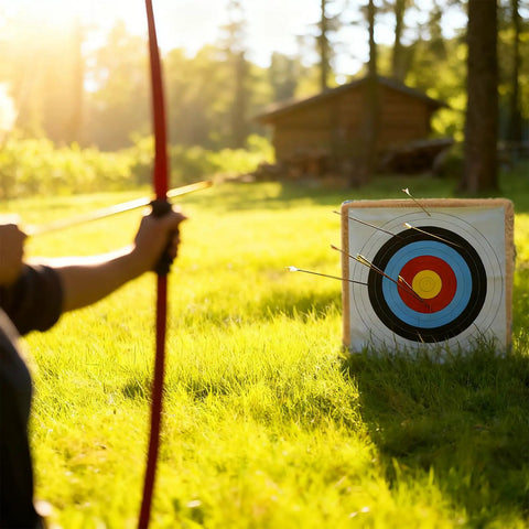 Archery practice with 20 Inch Straw Archery Target With Handle Backyard Practice Kit Includes Replacement Target Papers With Scoring Rings Pins And Arrow Puller Fits Recurve And Compound Bows All In One Target Set outdoors.