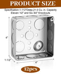 12 Pack 4 Inch Square Electrical Boxes 1-1/2 Inch Deep Galvanized Steel Junction Boxes For Wall Outlets And Wiring 21 Cu In Capacity Silver Finish Screws Not Included showing product size and knockouts