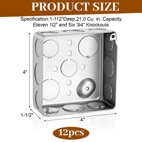 12 Pack 4 Inch Square Electrical Boxes 1-1/2 Inch Deep Galvanized Steel Junction Boxes For Wall Outlets And Wiring 21 Cu In Capacity Silver Finish Screws Not Included showing product size and knockouts